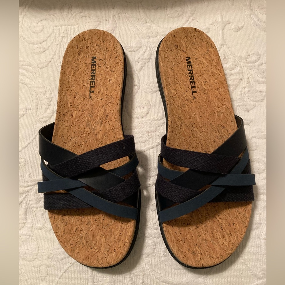 Merrell Black and Navy Select Grip Slide Sandals.